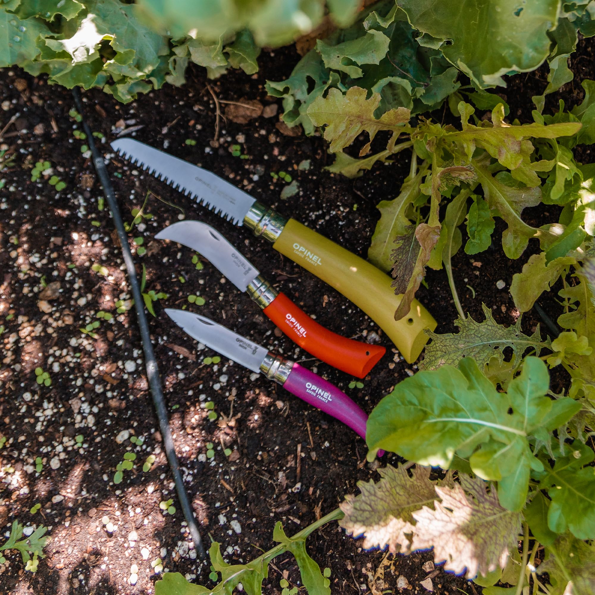 Opinel 3 Piece Gardening Tool Set - No. 12 Folding Saw, No. 8 Pruning Knife, No. 8 Garden Knife - Vibrant Painted Handles, Stainless Steel and Carbon Steel Blades - Made in France - Image 5