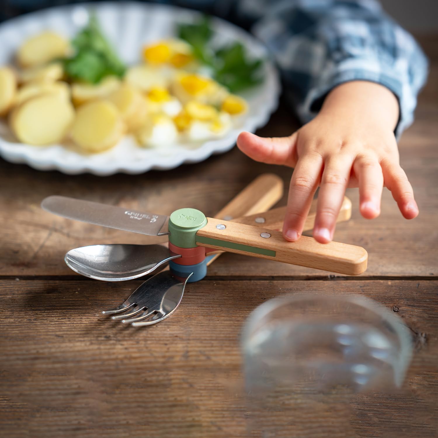 Opinel Le Petit Gourmet – 3 Piece Children’s Cutlery Set, Rounded Dull Knife, Spoon, Fork, Supports Independence at Every Meal, Montessori Tools Made in France (Olive) - Image 10