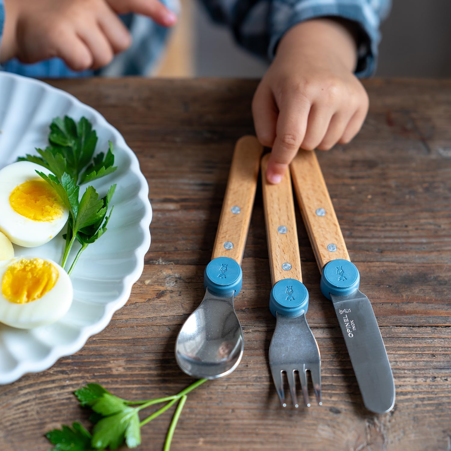 Opinel Le Petit Gourmet – 3 Piece Children’s Cutlery Set, Rounded Dull Knife, Spoon, Fork, Supports Independence at Every Meal, Montessori Tools Made in France (Olive) - Image 6