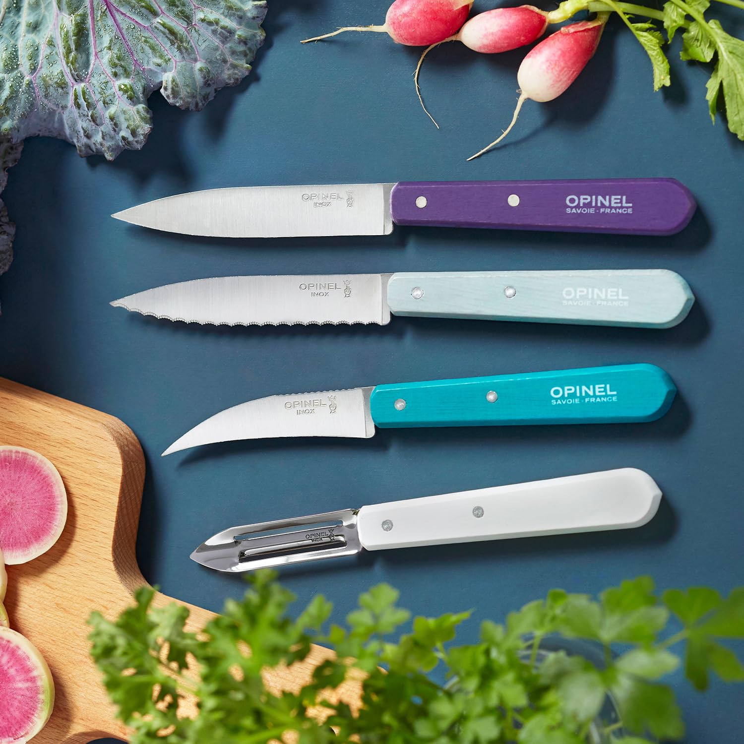 OPINEL Les Essentials - Small Kitchen 4 Piece Knife Set - Paring, Serrated, Peeler, Vegetable Knife, Corrosion Resistant High Carbon Steel, Made in France (Art Deco) - Image 13