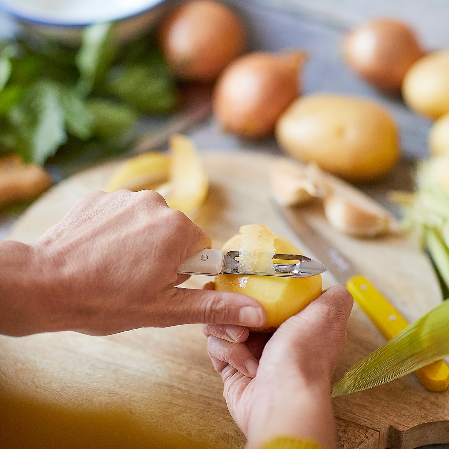 OPINEL Les Essentials - Small Kitchen 4 Piece Knife Set - Paring, Serrated, Peeler, Vegetable Knife, Corrosion Resistant High Carbon Steel, Made in France (Art Deco) - Image 14