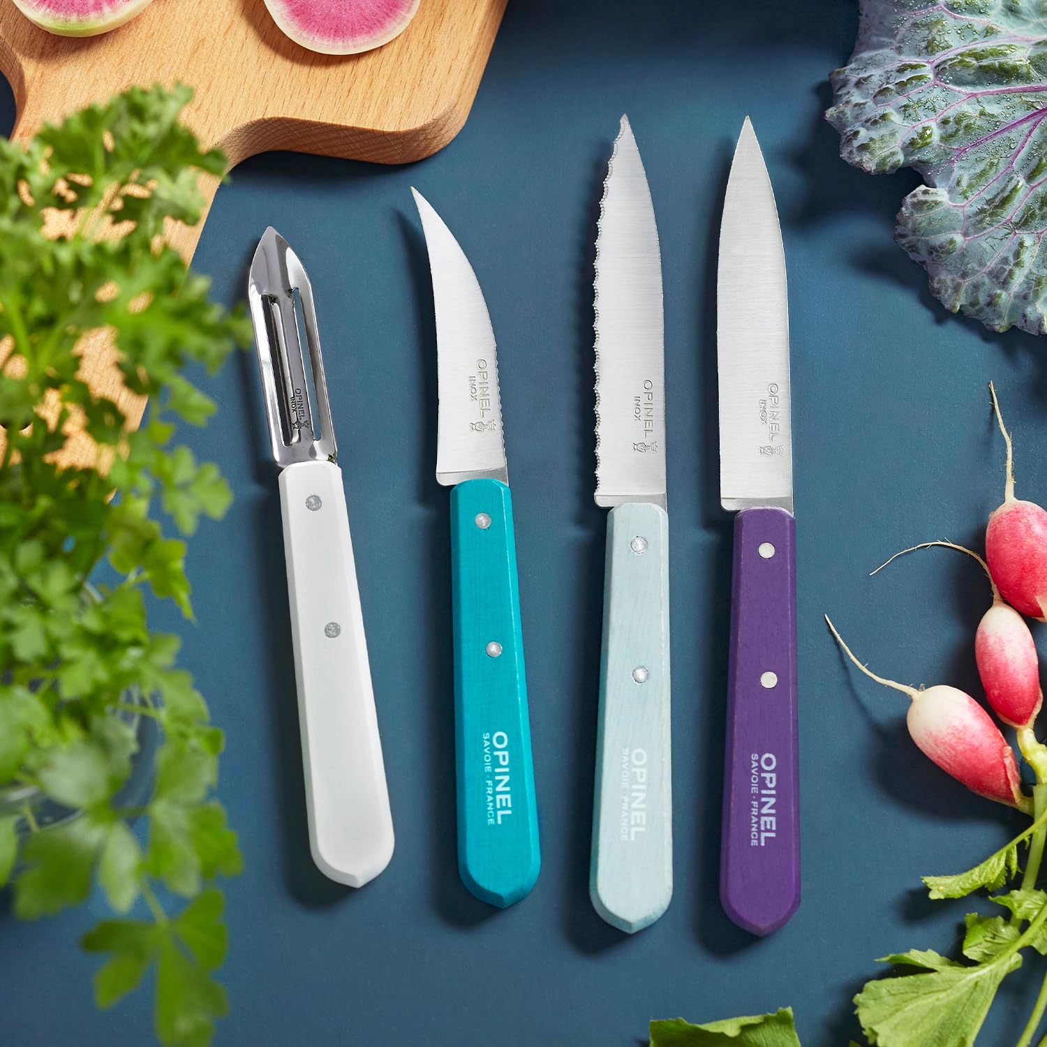 OPINEL Les Essentials - Small Kitchen 4 Piece Knife Set - Paring, Serrated, Peeler, Vegetable Knife, Corrosion Resistant High Carbon Steel, Made in France (Art Deco) - Image 3