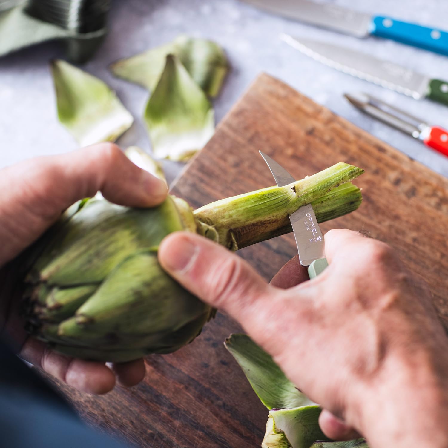 OPINEL Les Essentials - Small Kitchen 4 Piece Knife Set - Paring, Serrated, Peeler, Vegetable Knife, Corrosion Resistant High Carbon Steel, Made in France (Art Deco) - Image 9