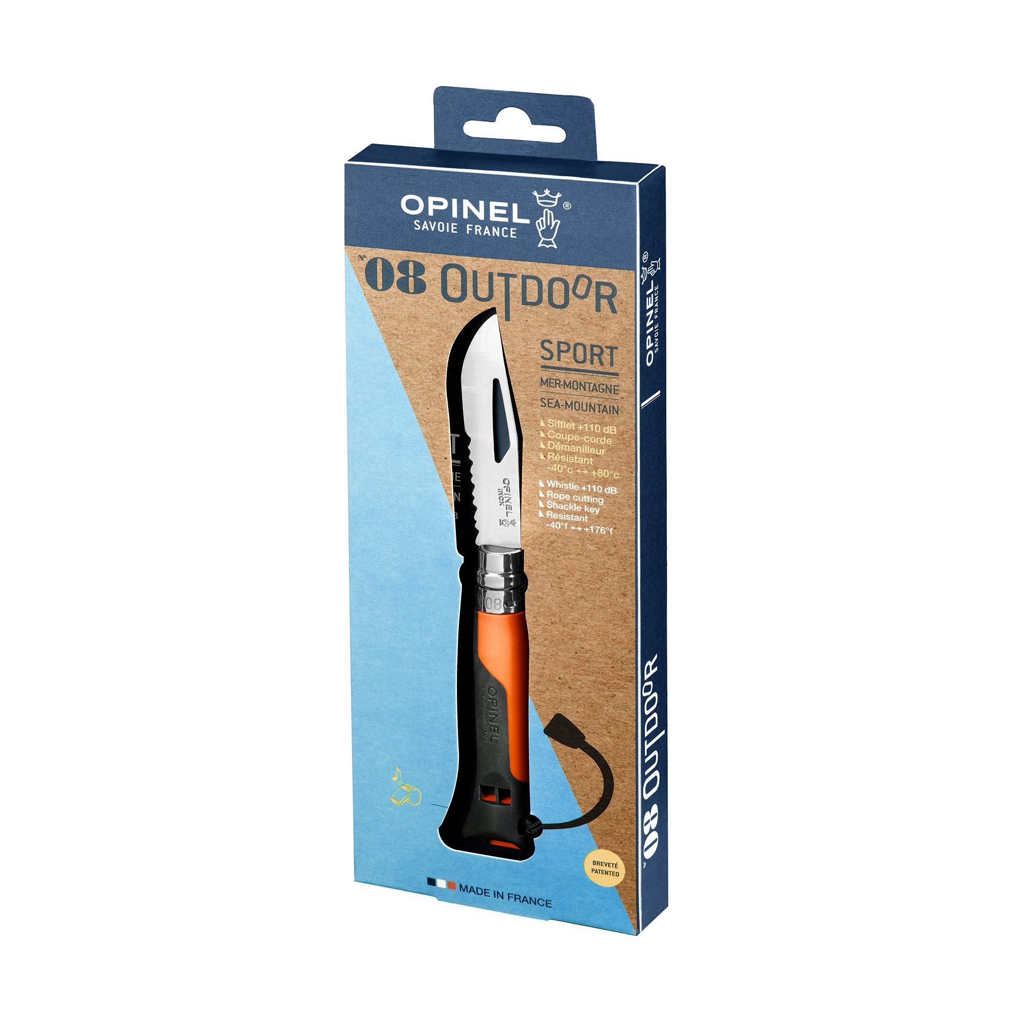 OPINEL No. 08 Outdoor Folding Knife + Multitool - Partially Serrated Stainless Steel Blade, Nonslip Handle, Survival Whistle, Shackle Key (Orange) - Image 5