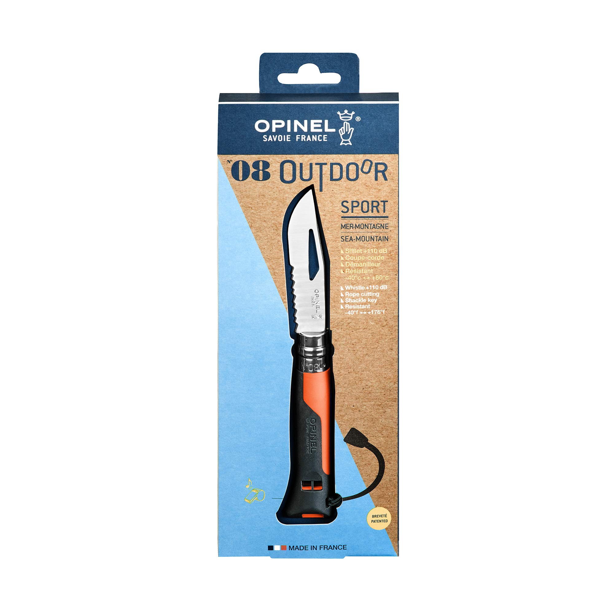 OPINEL No. 08 Outdoor Folding Knife + Multitool - Partially Serrated Stainless Steel Blade, Nonslip Handle, Survival Whistle, Shackle Key (Orange) - Image 6
