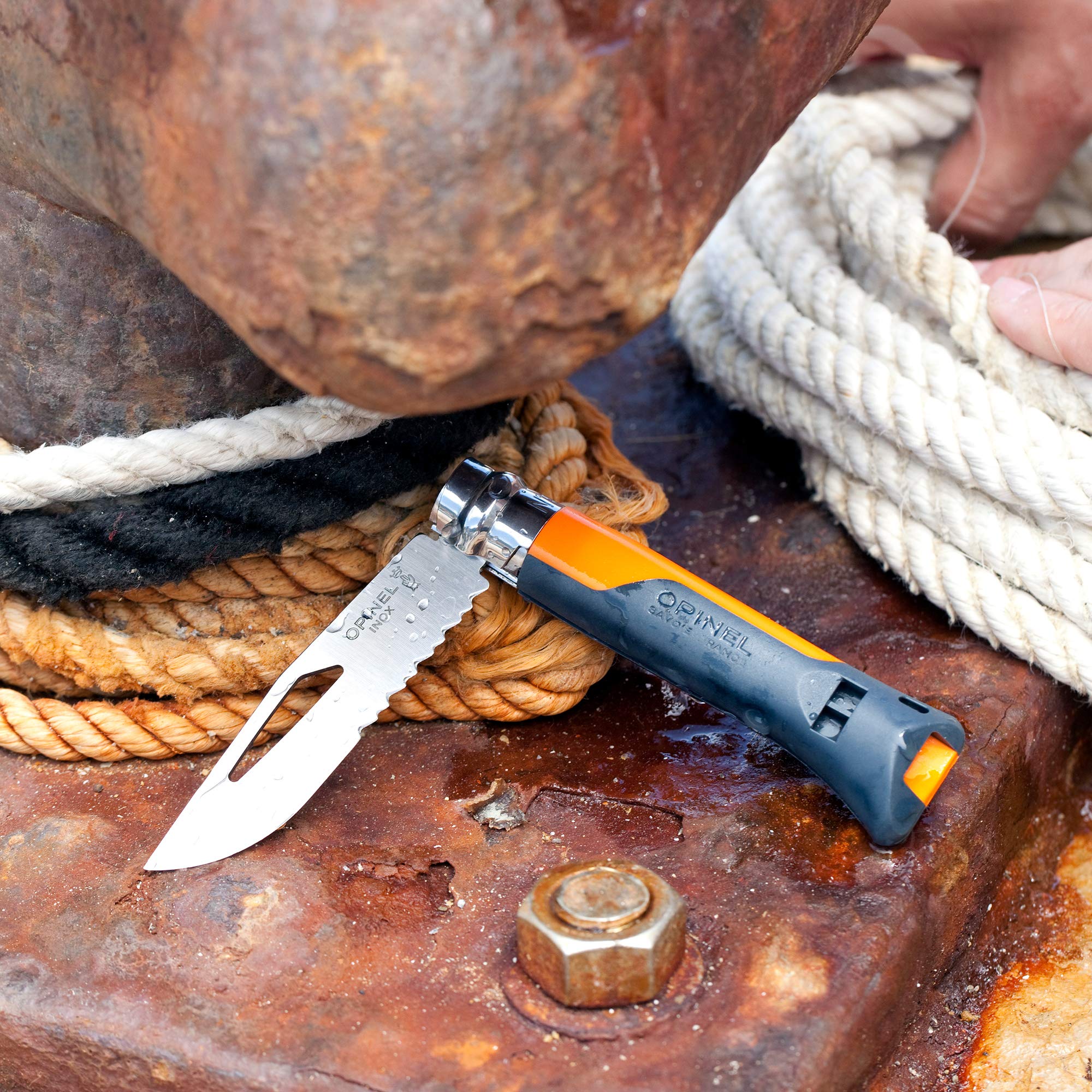 OPINEL No. 08 Outdoor Folding Knife + Multitool - Partially Serrated Stainless Steel Blade, Nonslip Handle, Survival Whistle, Shackle Key (Orange) - Image 7