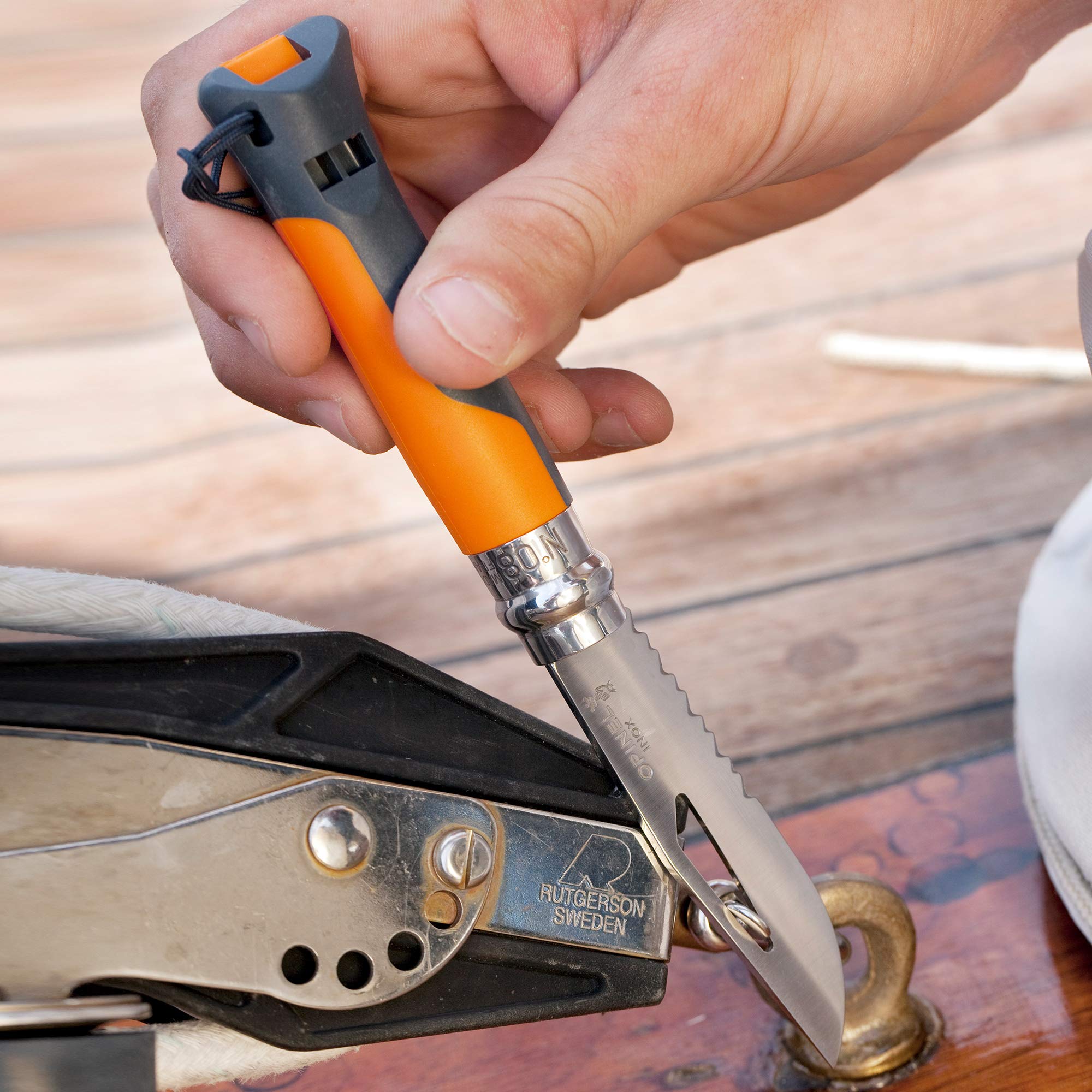 OPINEL No. 08 Outdoor Folding Knife + Multitool - Partially Serrated Stainless Steel Blade, Nonslip Handle, Survival Whistle, Shackle Key (Orange) - Image 8