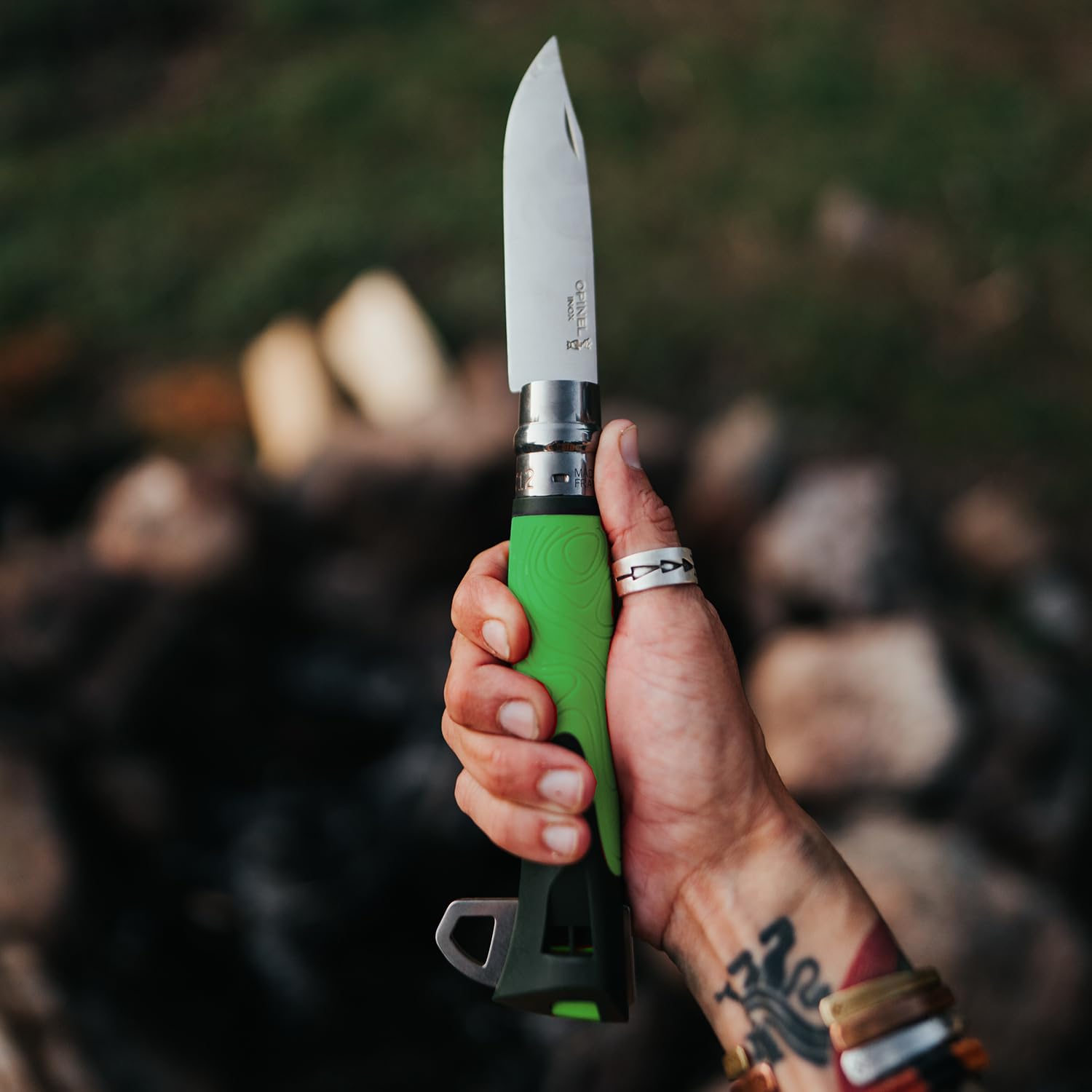 OPINEL No.12 Explore with Tick Remover, Bushcraft Survival Outdoor Camping Knife, Integrated Whistle, Cutting Hook, Made in France (Green) - Image 6