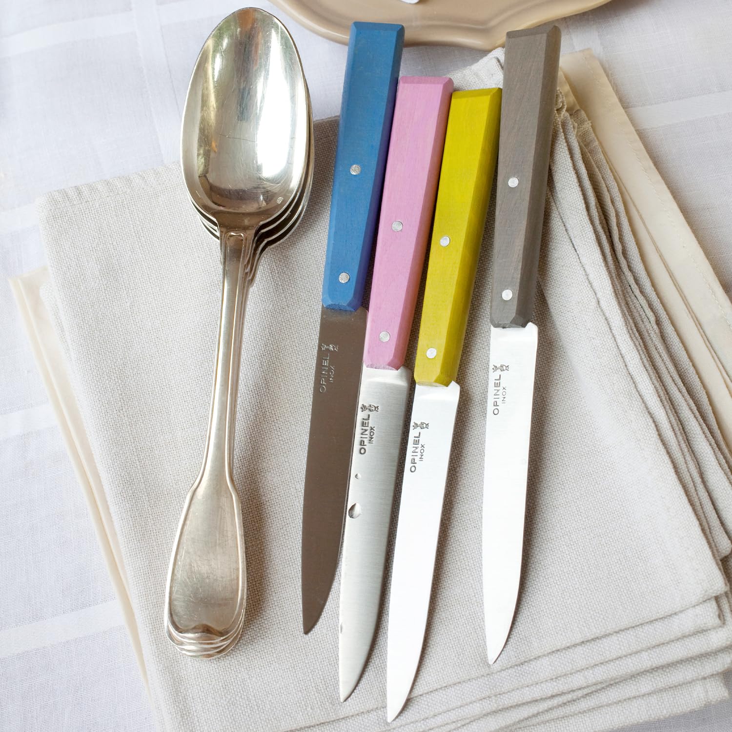 OPINEL No. 125 Table Knives, 4 Piece Set, High Carbon Steel Dinner Knives for Parties, Entertaining, or Everyday Use, Painted Hornbeam Handles, Made in France (Countryside) - Image 4