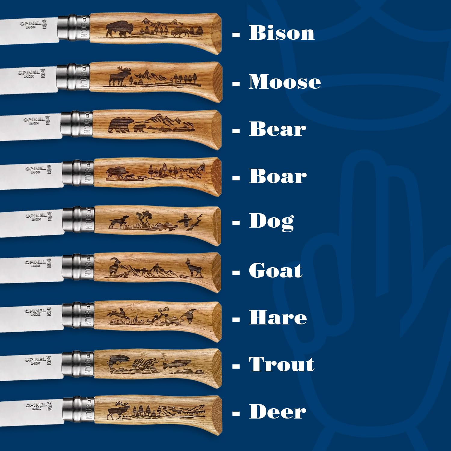 Opinel No. 8 Engraved Oak Handle Folding Knife, Animalia Collection, Stainless Steel Blade, Made in France - Image 5